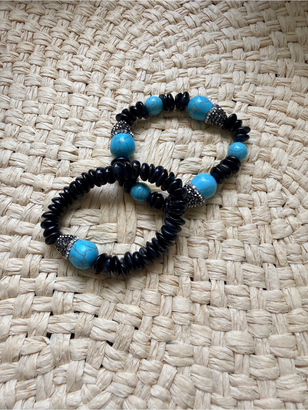 Turquoise and Black Beaded Stretch Bracelet Set - Women Jewelry